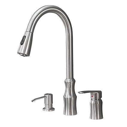 HOTIS HOME Hotis 3 Hole Kitchen Sink Faucet with Pull Down Sprayer Soap Dispenser Stainless Steel Single Handle Kitchen Faucet, Brushed Nickel
