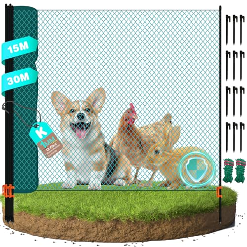 Recinto per Polli Mobile 15m x 90cm, in Rete di PE a Maglie Fitte 25x25mm, COMPLETO di Picchetti e Aste - Recinto da Giardino per Cortile, Campeggio, Volatile, Cuccioli e Animali Domestici (15m)