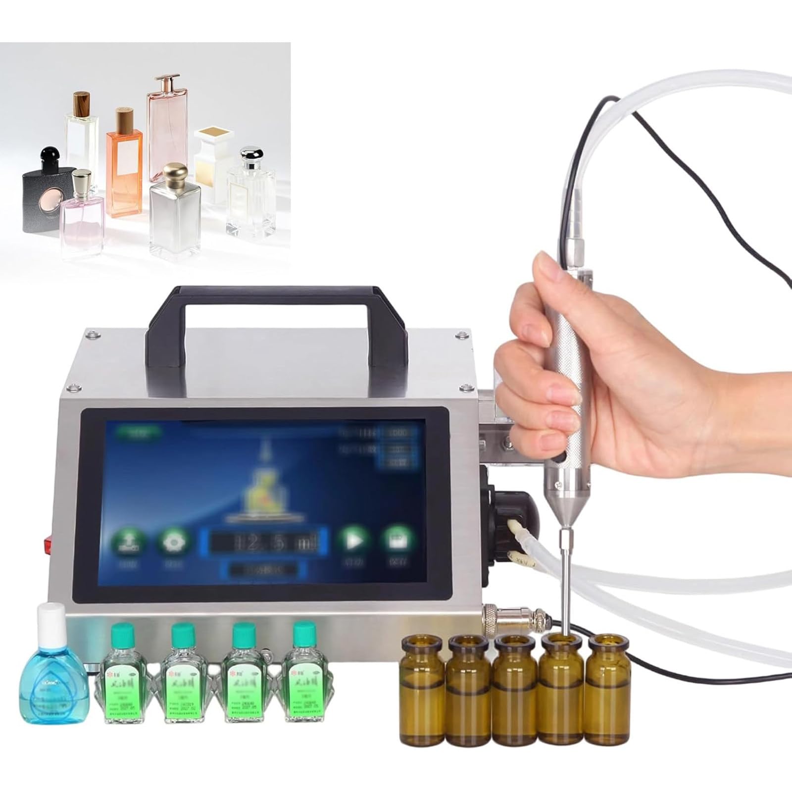 Automatyczna maszyna do napełniania płynów do małych butelek, cyfrowa regulacja objętości wypełniacz perfum 1-30 ml / 1-100 ml do olejków eterycznych serum