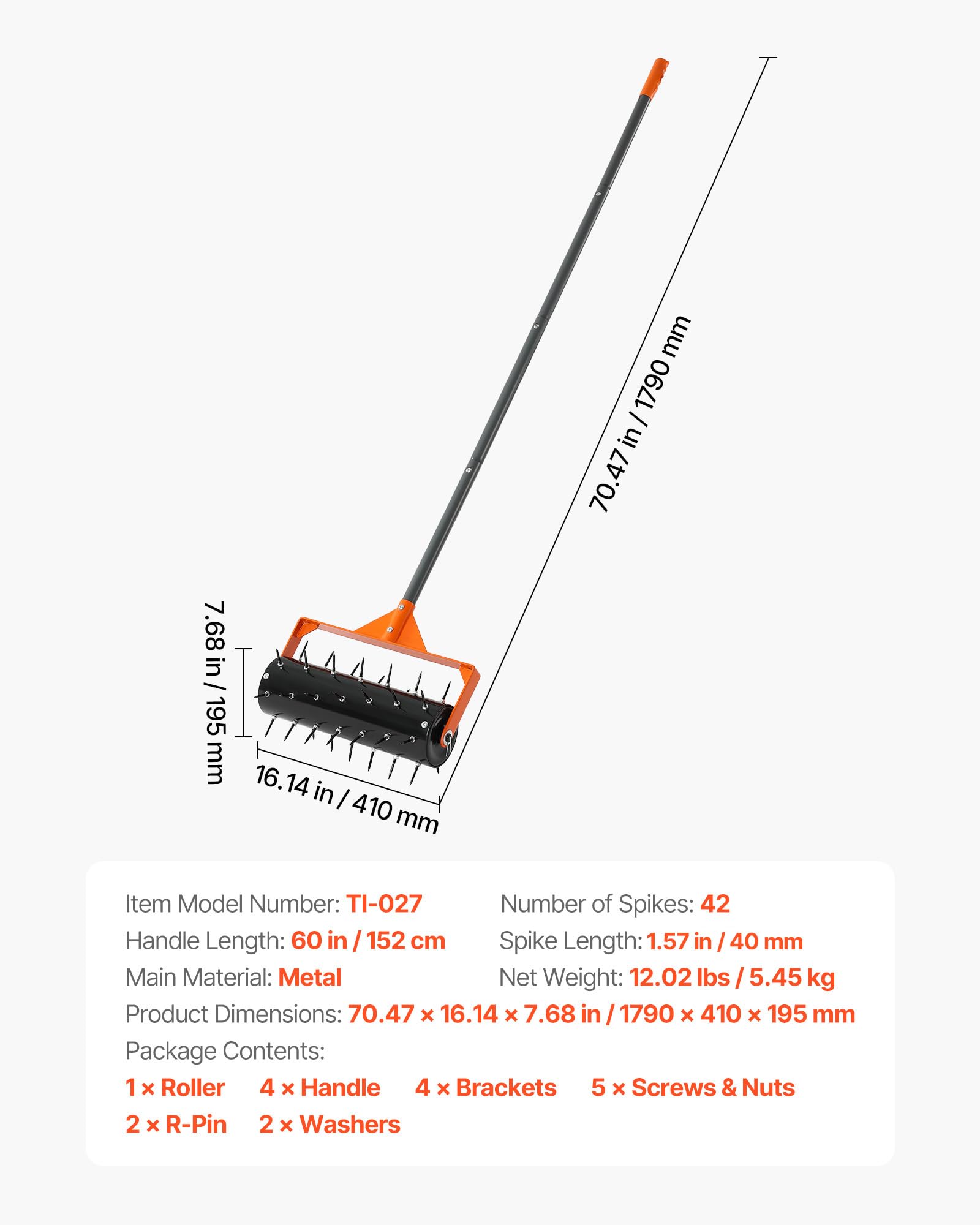 VEVOR Napowietrzacz do trawnika, ręczny napowietrzacz 38 cm z 42 kolcami i długim uchwytem 152 cm, bęben do napełniania dla dodatkowej wagi, wytrzymały penetrator gleby do trawnika, do zagęszczonych