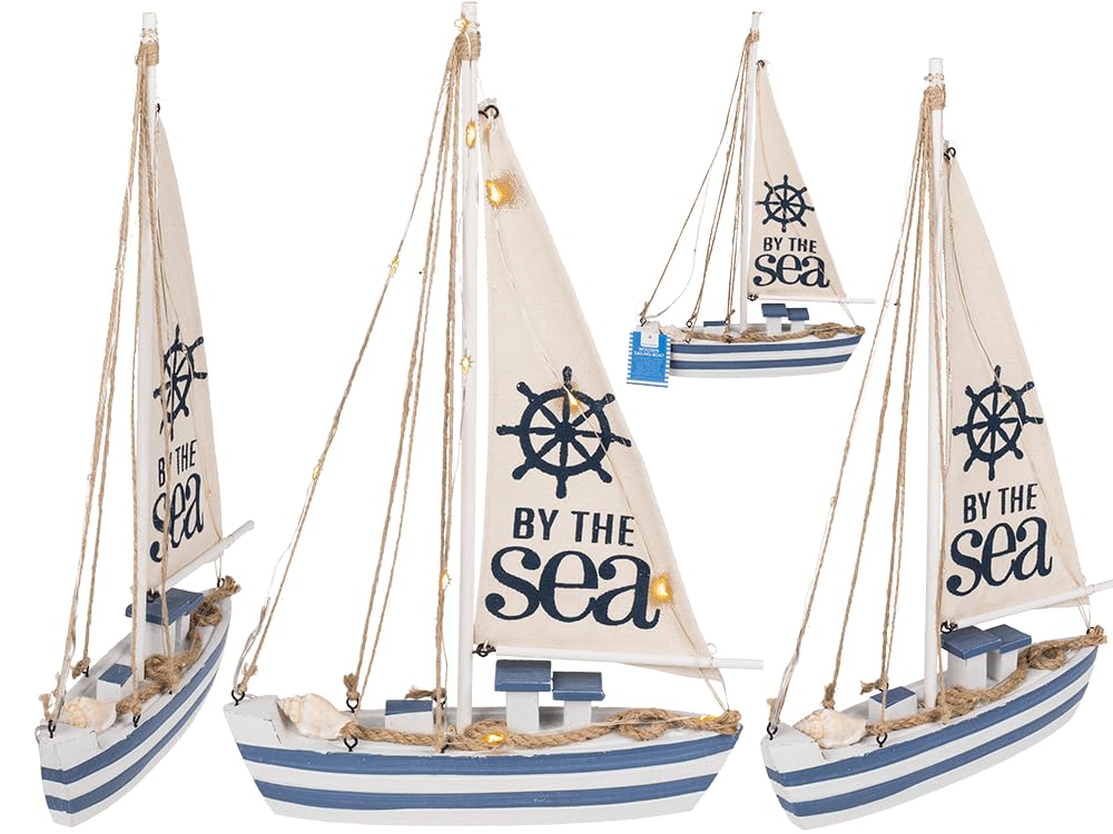 Out of the blue Nave a vela in legno con 11 LED, ca. 38,5 x 25 x 5 cm, batterie incluse
