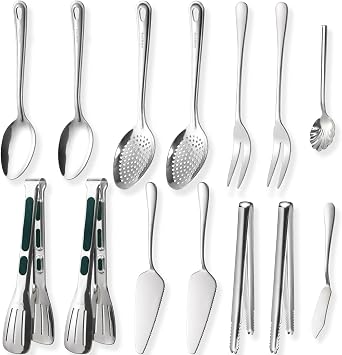 14 PCS Serving Utensils,Stainless Steel Spoons Forks Tongs, Pie Server, Great for Buffet Catering Banquet Party, Silver