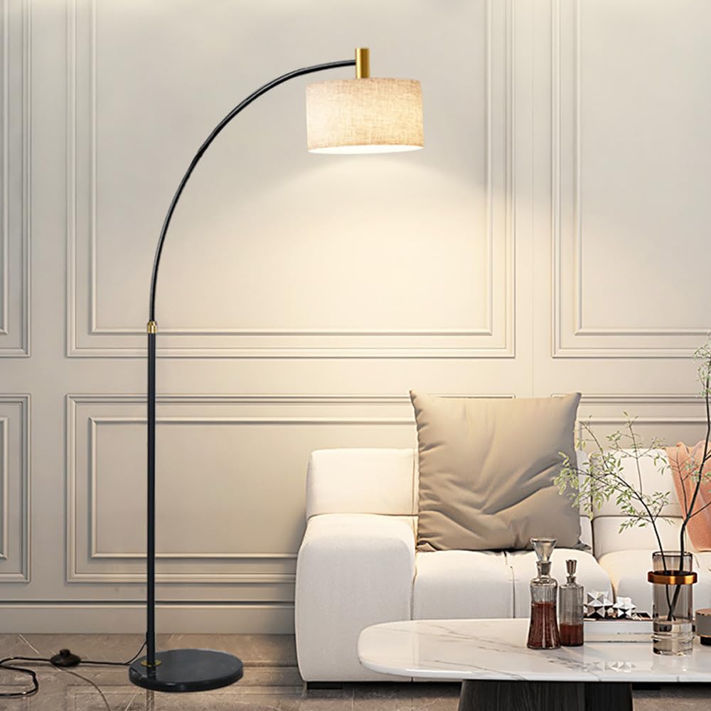 Lampada terra ad arco nordico paralume in tessuto luce regolabile attacco in marmo, lampada verticale lampada soggiorno palo alto per la lettura sul comodino Vintage Piantana (LED incluso)