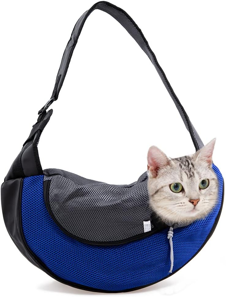 APABEZY Dog Sling Carrier for Small Dogs Cat Carrier Breathable Mesh Hand-Free Bag up to 5 lbs Gift (S(up to 5 lbs), Dark Blue)