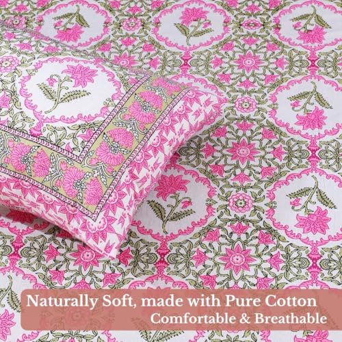 Image of Jaipur Weaves Jaipuri Double Bed Cotton Bedsheet Queen Size 90x85, 120 TC 100% Pure Cotton Bed Sheet with 2 Pillow Covers, Floral Traditional Print (Mughal Garden Pink, Double)