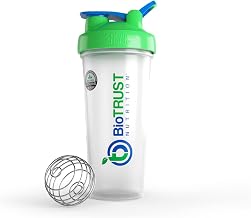 BioTrust Blender Bottle Protein Shaker, 28-Oz with Wire Whisk, Clear/Green | 28 oz shaker bottle with stainless steel wire whisk, leakproof lid & carrying loop for smooth protein shakes on the go