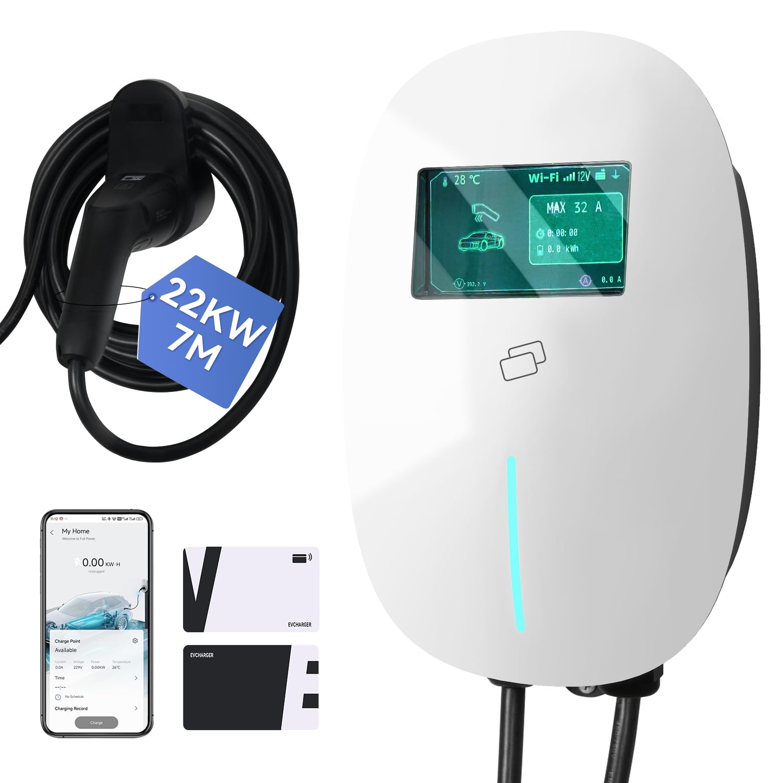 Fullwatt Wallbox 22kW mit APP und RFID, 3-Phasig für Alle EVs und PHEVs | EV Ladegerät Typ 2 7M 400V 6-16A mit LCD und Ladegerätehalter, Geplante Ladung IP54, Weiß