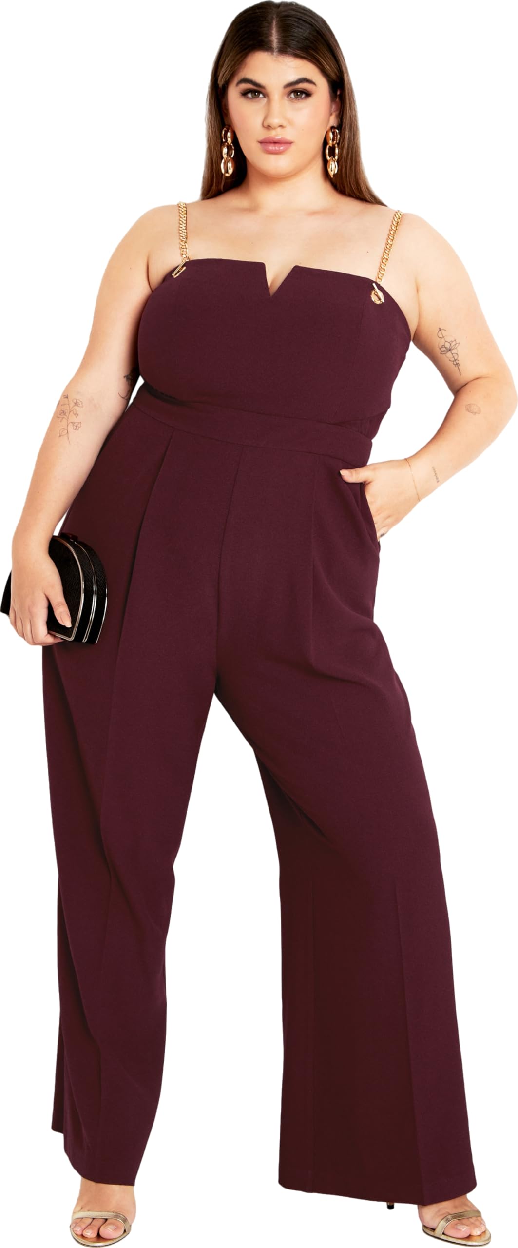 City Chic Women's Plus Size Jumpsuit - Ann Chain Sleeveless Wide Leg, Oxblood, 18