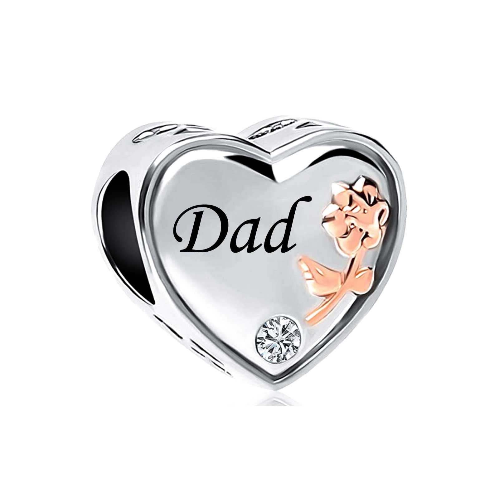 FGT Charm per ragazze e donne, per bracciali, collane, ciondoli, compatibile con braccialetti Pandora, in oro rosa, cuore, argento, regalo per papà, figlio, famiglia, nonno, mamma, sorella, anniversario, compleanno