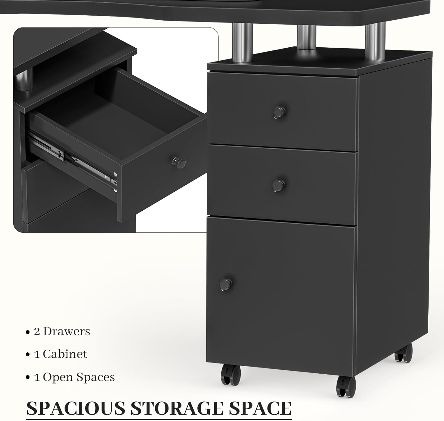 Nail Desk,Black Manicure Table,Beauty Salon Nail Desk, Acetone Resistant Nail Station with Wrist Cushion, Storage Drawers, and Cabinets, 4 Lockable Wheels,for Beauty, Salon, Spa Makeup