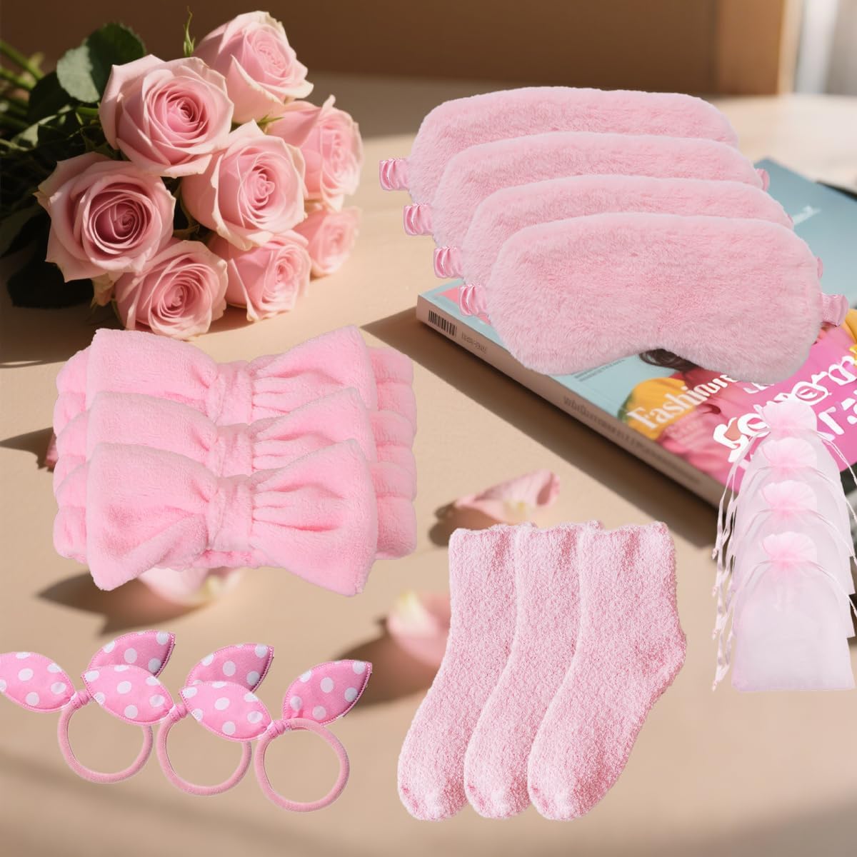 40PCS Sleepover Spa Party Supplies for Girls Women, 8 Bow Headbands 8 Eye Masks 8 Socks 8 Scrunchies 8 Organza Bags for Slumber Pajama Party Favors Gifts