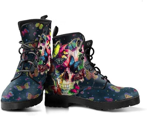 Butterfly Skull Memory Foam Boots | All Season Lace Up Boots | Vegan Leather Combat Boot