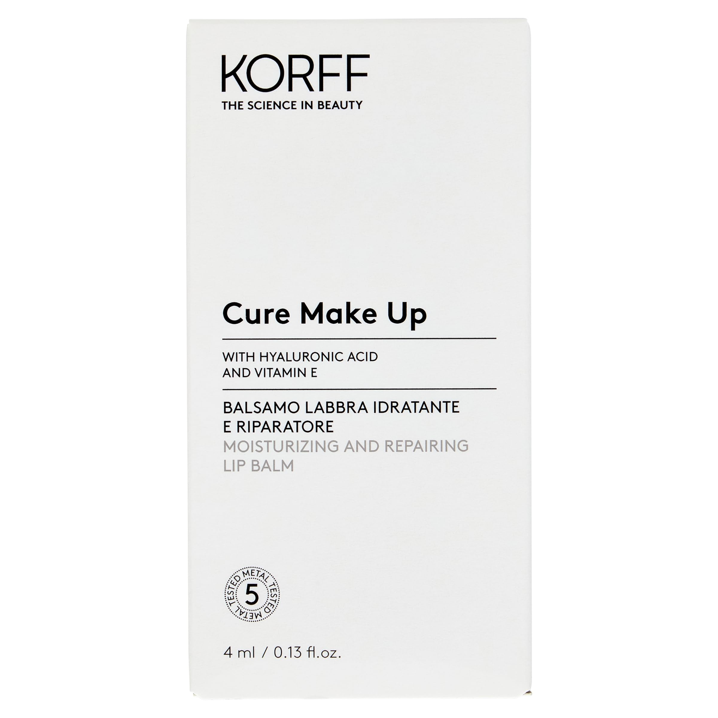 Korff Balsamo Labbra Idratante e Riparatore, Idrata le Labbra con Acido Ialuronico e Vitamina E, Texture Sottile e Trasparente, Confezione da 4ml
