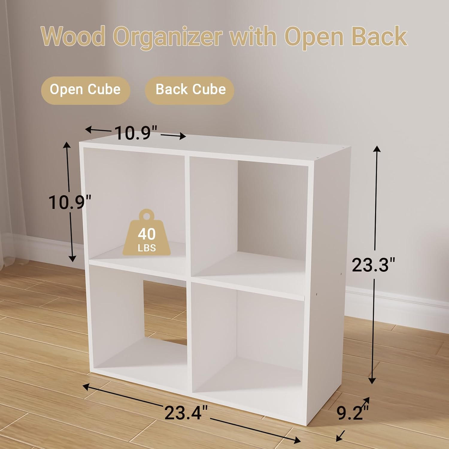 4-Cube Bookshelf, Open Back Storage Shelves, Heavy Duty Wood Cubby Organizer for Small Spaces, Dorm Room Apartment Office, Unit for Book Toy Record Player Display (White, 4-Cube)