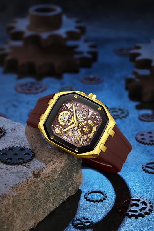 Image of Giordano Analog Quartz Watch for Men with Octagonal Skeleton Dial, Exposed Gear Design, Date Display and Silicone Strap - GZ-50221
