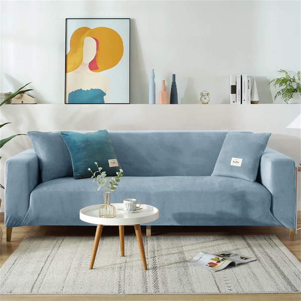 DOTBUY-SHOP Terciopelo Funda de Sofá Elástica 1 2 3 4 Plazas Cubre Sofa, Ajustable Antisuciedad Antideslizante Protector de Muebles con 2 Fundas de Almohada (3 plazas,Azul Claro)