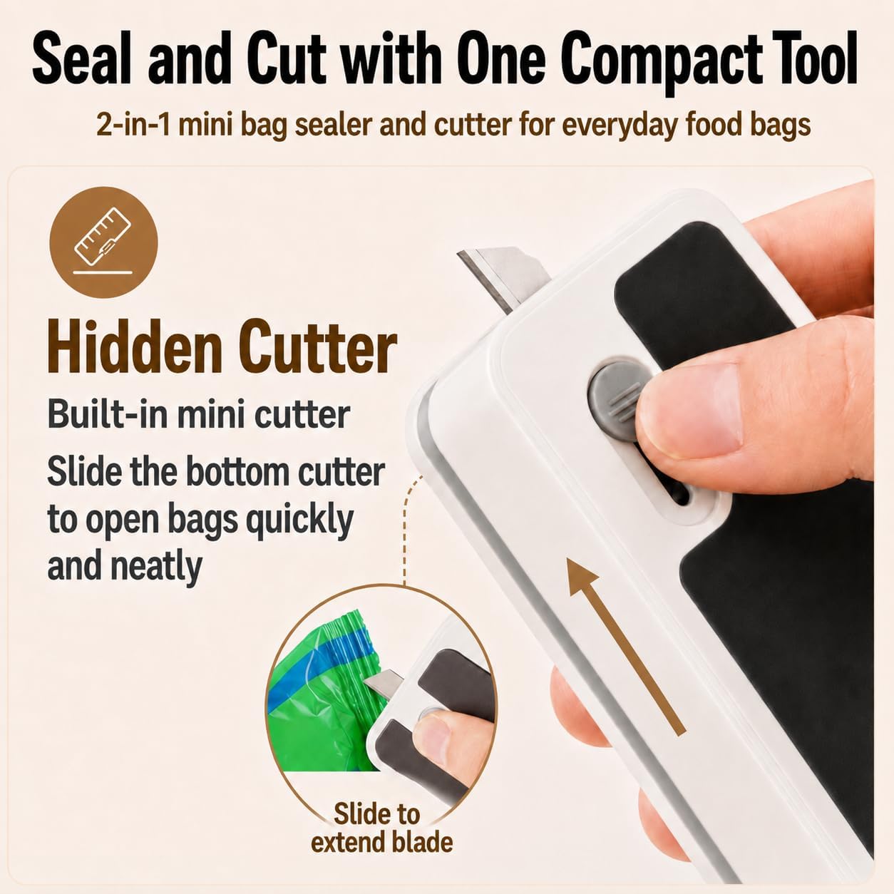 USB-C Rechargeable Mini Bag Sealer, 8-Level Adjustable Heat Sealer with Cutter, LED Display, Magnetic Base, Portable Resealer for Snack Bags, Food Storage Bags (White)