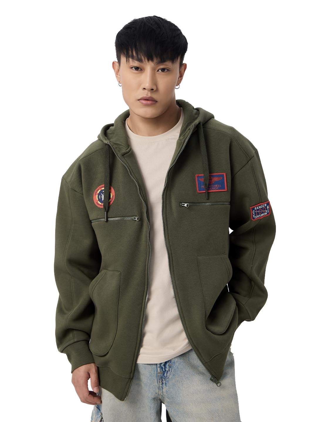 Top Gun: Air Marshal Men and Boys Long Sleeves Hooded Neck Zipper Front Olive Green Cotton Blend Oversized Hoodies-image-15