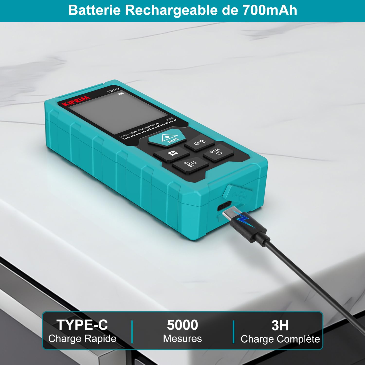 Kiprim Télémètre Laser Vert, 100M Appareil de Mesure Numérique avec Batterie USB Type C, Précision ±2 mm, Niveau Électronique, 10 Modes de Mesure, Laser de Classe II, Plaque Réflectrice, LD100