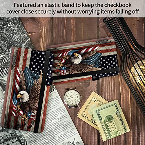 Image of FUYOCWE Checkbook Covers for Personal Checkbook,RFID Blocking Leather Check Book Covers Wallet with Pen Holder & Card Slot for Women Men, Bald Eagle with Flag, 8 x 7.3 inches, Classic