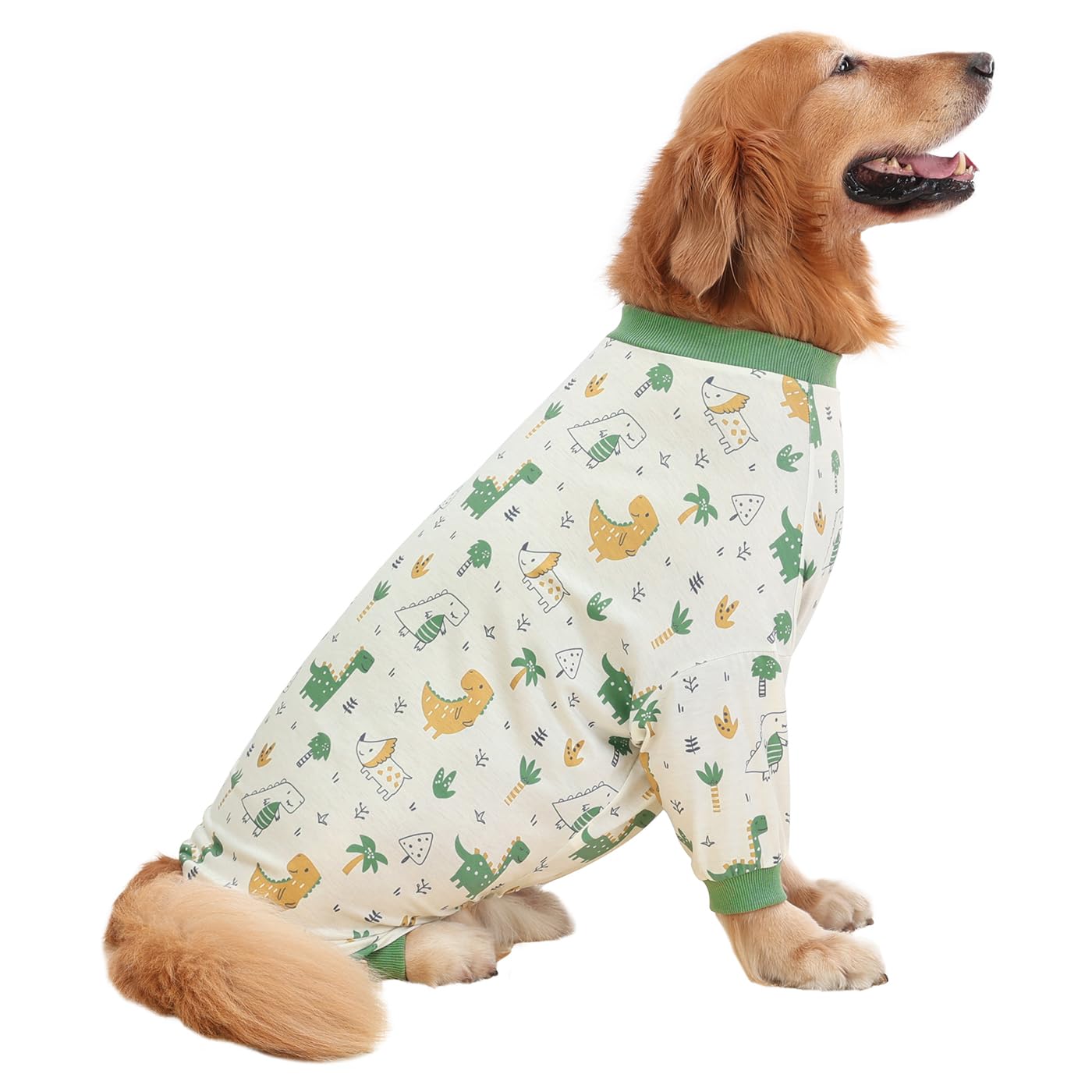 HDE Dog Pajamas One Piece Jammies Jumpsuit Pet Clothes Outfit Stretchy Lightweight Comfy Shirt Pjs for M-3XL Dogs Forest Dinos - L