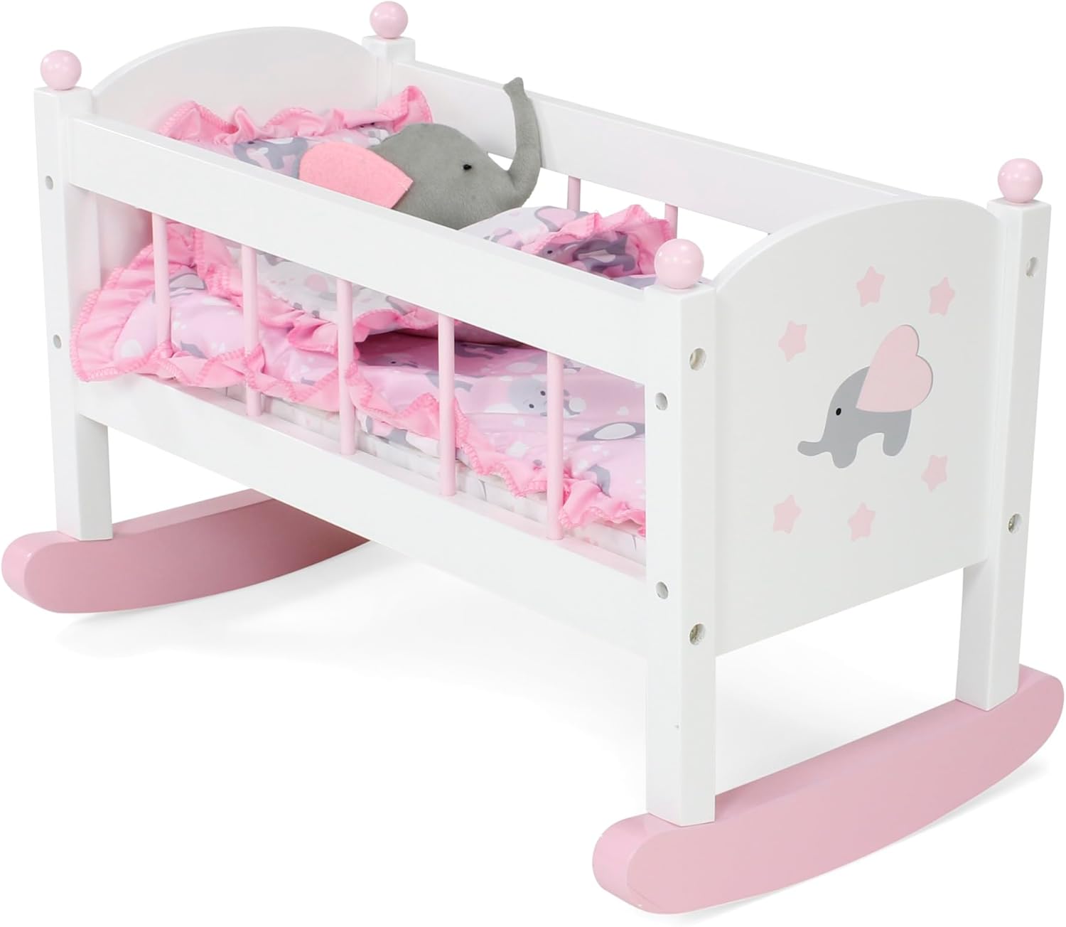 Emily Rose Baby Doll Nursery Furniture Rocking Cradle Bed Crib Set for 14"-19" Dolls (Bitty Baby, Reborn, Baby Alive & More) with Reversible Bedding & Elephant Plush - Gentle Rocking Soothes Dolls