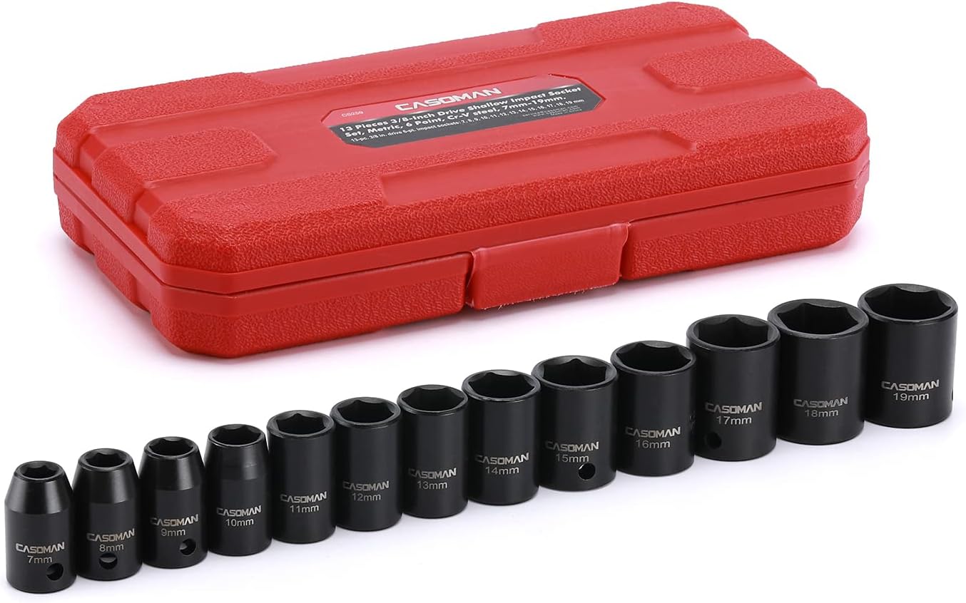 13 Pieces 3/8-Inch Drive Impact Socket Set, 6-Point, Metric, Shallow, CR-V, 7mm to 19mm, Heavy Duty Blow Molded Storage Case