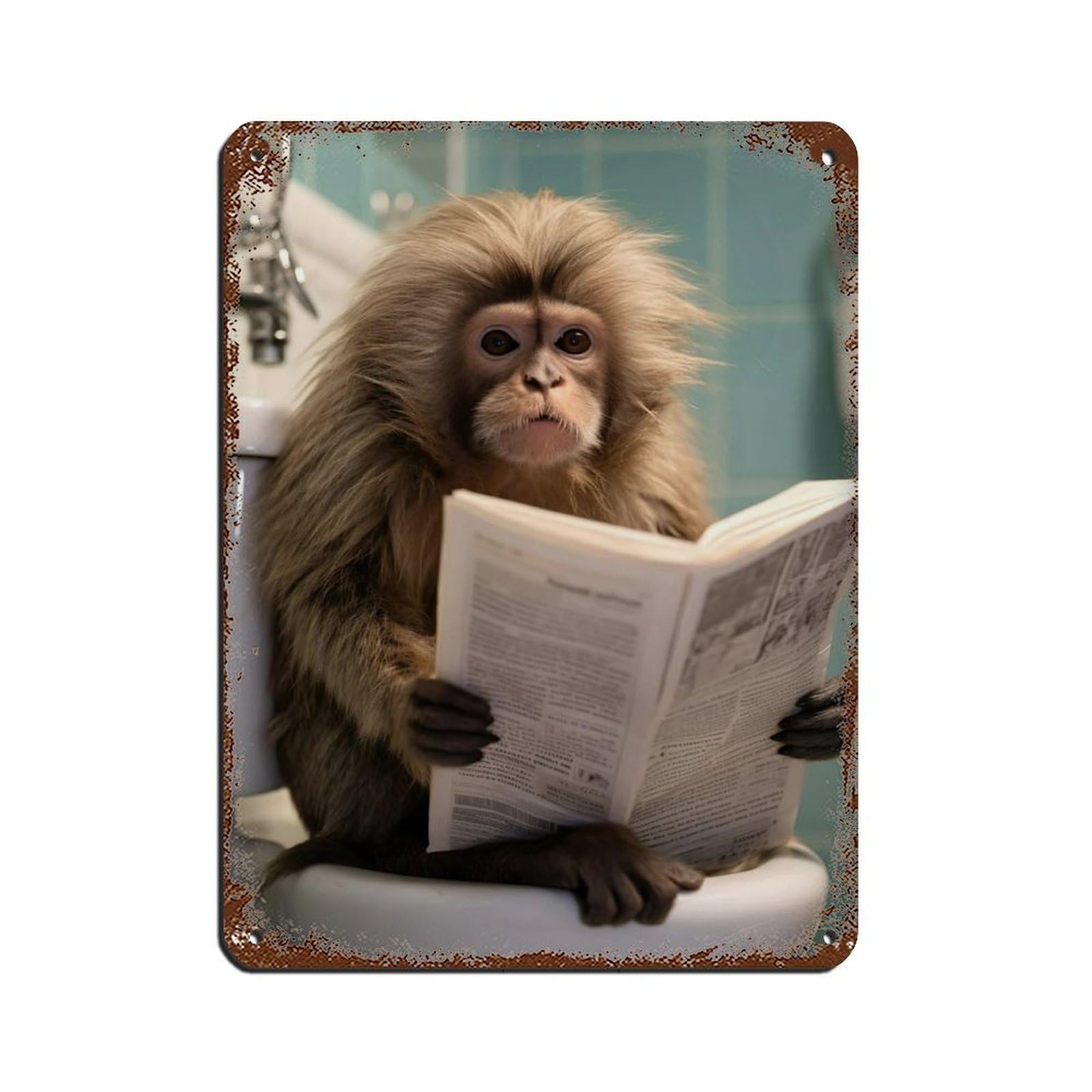 Lxwnze 30L X 40W Cm Marmoset Monkey Sitting On The Toilet Reading A Newspaper (4) Tin Sign Vintage Metal Pub Club Cafe Bar Home Wall Art Decoration Poster Retro 12X16inch(30X40cm)