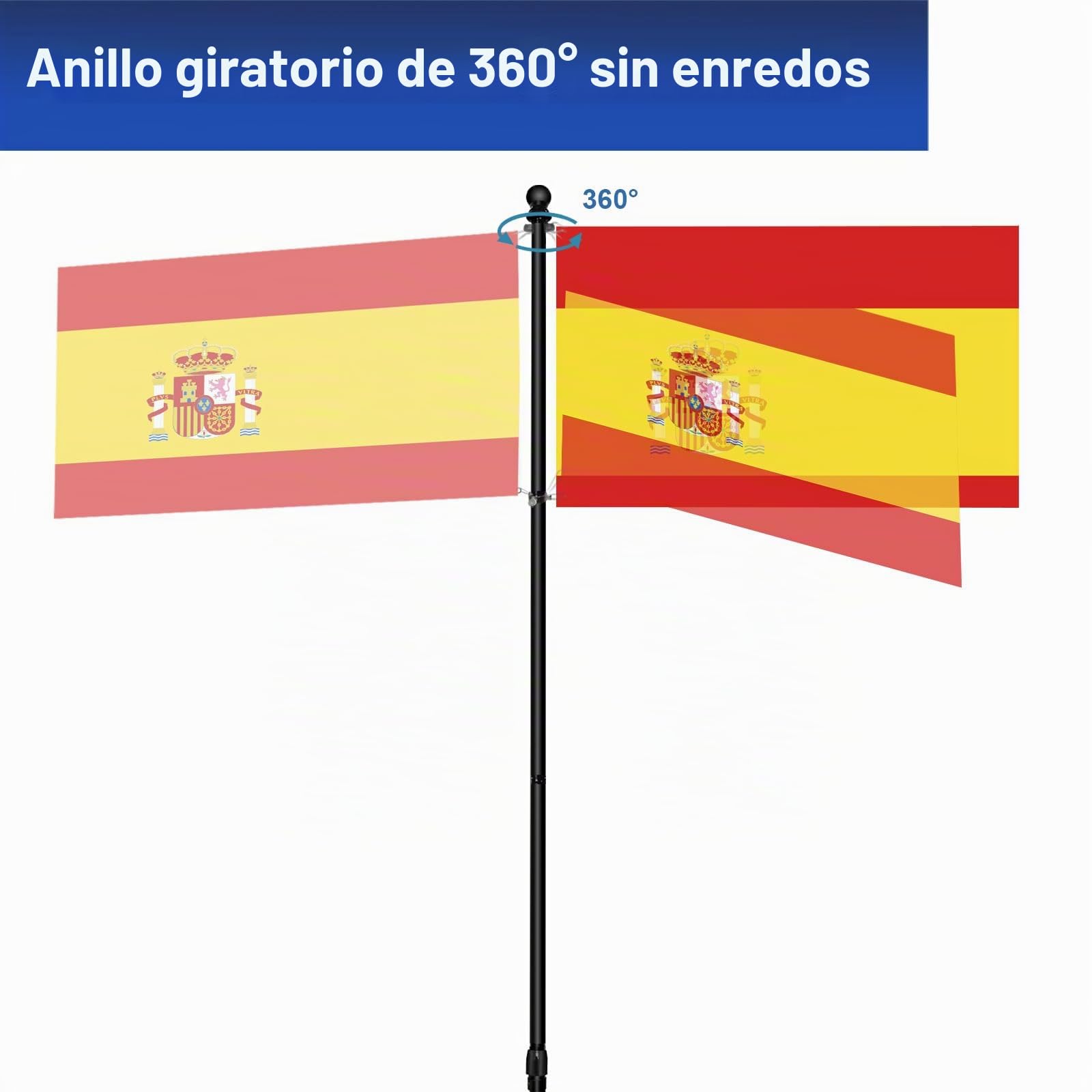 Mástil de bandera de interior con base, 200 cm-252 cm elevado y bajado para ajustar la altura, la base añade peso, los mástiles giran 360 grados, bandera de España de 90 x 150 cm. Adecuado para