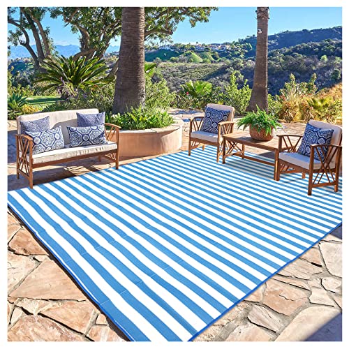 Striped Carpet for Patio RV Camping Mat with 4 Corner Loops Stakes, 6'x9' Waterproof Portable Plastic Straw Rug Indoor Area Rug Outside Decor Clearance Balcony Picnic Rug 69B 6x9ft Blue
