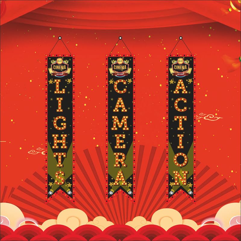 Image of Bollywood Light Camera Action Porch Sign Banner | Bollywood Backdrop for Movie Party Decorations (Pack of 3, Multi Color, Size: 5x1 Feet)