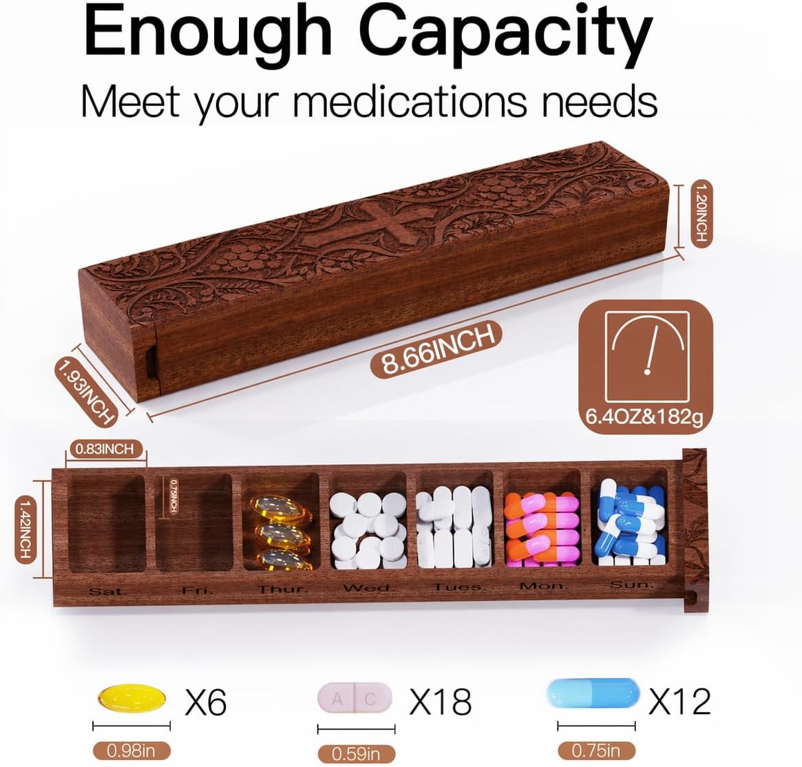 Healing Grace 7 Day Wooden Pill Organizer,Christian Cross Engraved Natural Wood Portable Pill Box for Vitamins Supplements Medication (Sapele Plus-Healing)