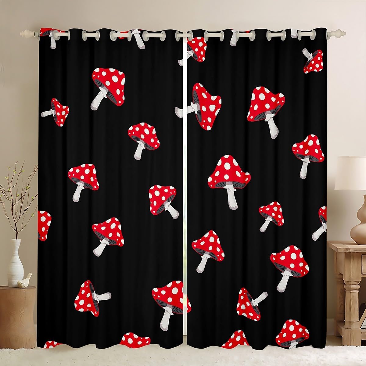 Cute Mushroom Blackout Curtains,White and Red Dots Geometric Kitchen Window Treatments,Kawaii Botanical Black Window Drapes for Home Decor, 2 Panels,42Wx63L inch