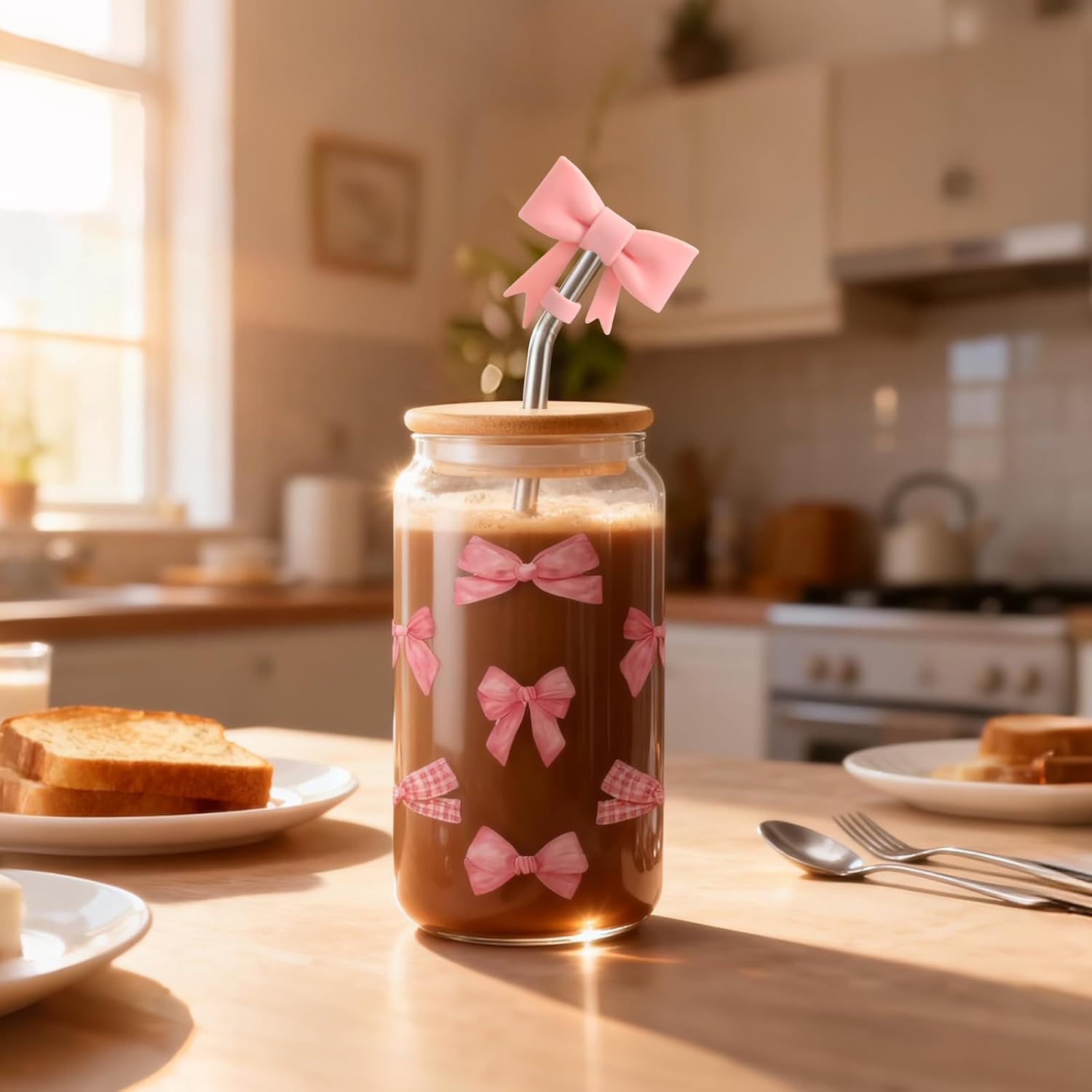 Pink Bow Glass Cup, Coquette Cute Girly Preppy Cups, Aesthetic Bow Iced Coffee Girly Mug, Teen Girl Gifts Trendy Stuff, Girlfriends Valentines Day Gift for Women, Bows Glass Cups with Lids and Straws - Image 6