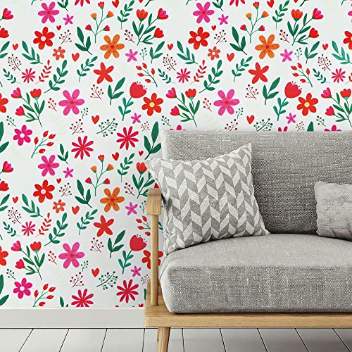 Ismoon Floral Peel And Stick Wallpaper Leaf Contact Paper 15.7"X118''Red Floral Wallpaper Boho Wallpaper Waterproof Removable Self Adhesive Paper Decorative Wall Cabinet Shelf Drawer Liner Vinyl Roll #TOP5