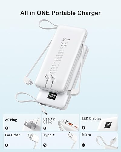 Miniatura 2 de Cargador portátil de 10000 mAh 22.5 W PD 3.0+QC 4.0 Banco de energía de carga súper rápida con cables integrados y enchufe de pared de CA, batería
