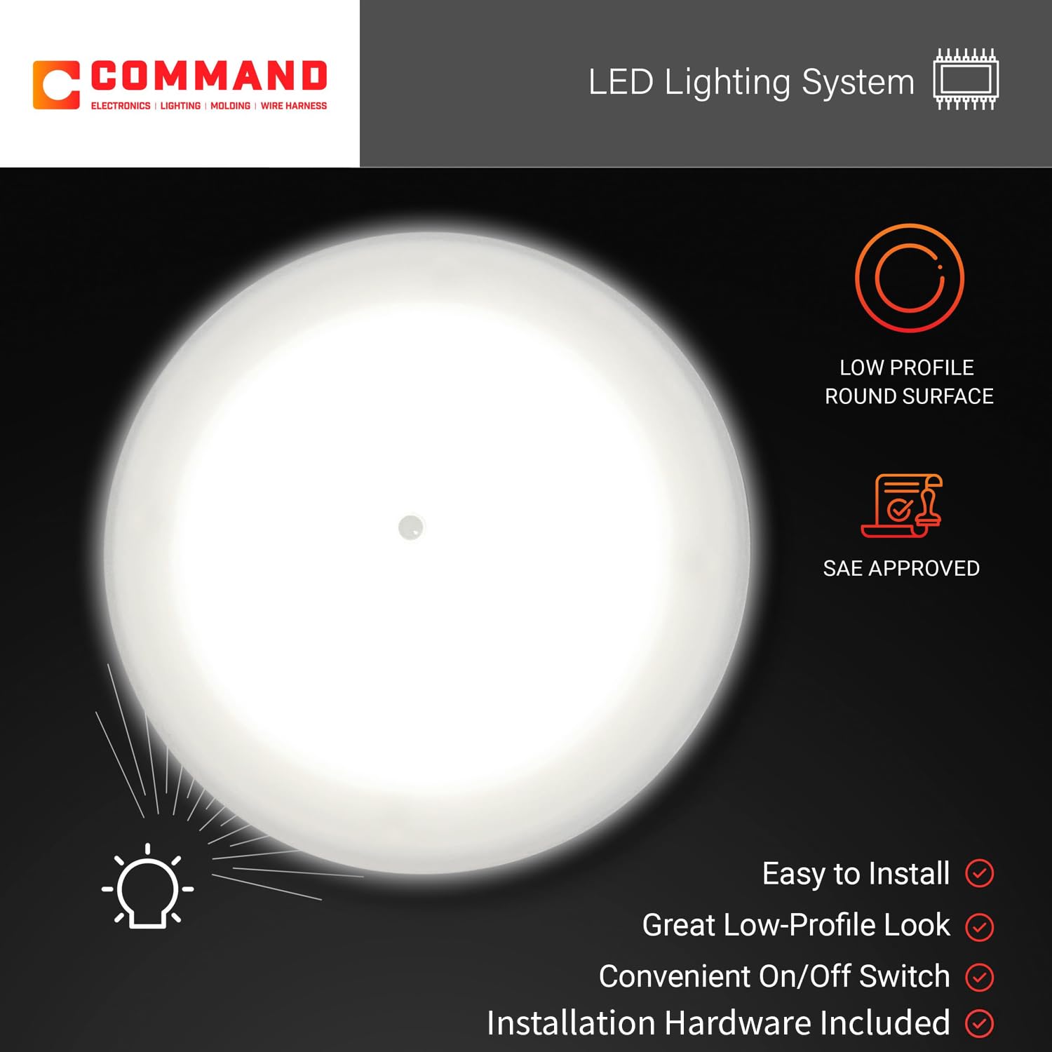 Command Electronics OEM 12V LED RV Low Profile Surface Mount Ceiling Light with Switch - Made in USA - Durable Design - Hardware & Connectors Included - 4.5 Inch Diameter | White (5 Pack)
