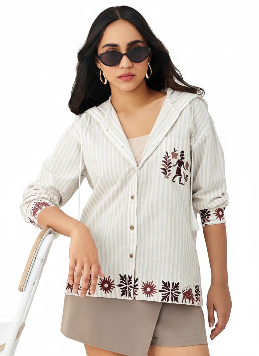 the souled store Nomad: Script & Stone Women and Girls Full Sleeves Hooded Printed Cotton Linen Oversized Fit Lightweight Comfortable All-Season for Casual Streetwear Boyfriend Shirts-picture-24