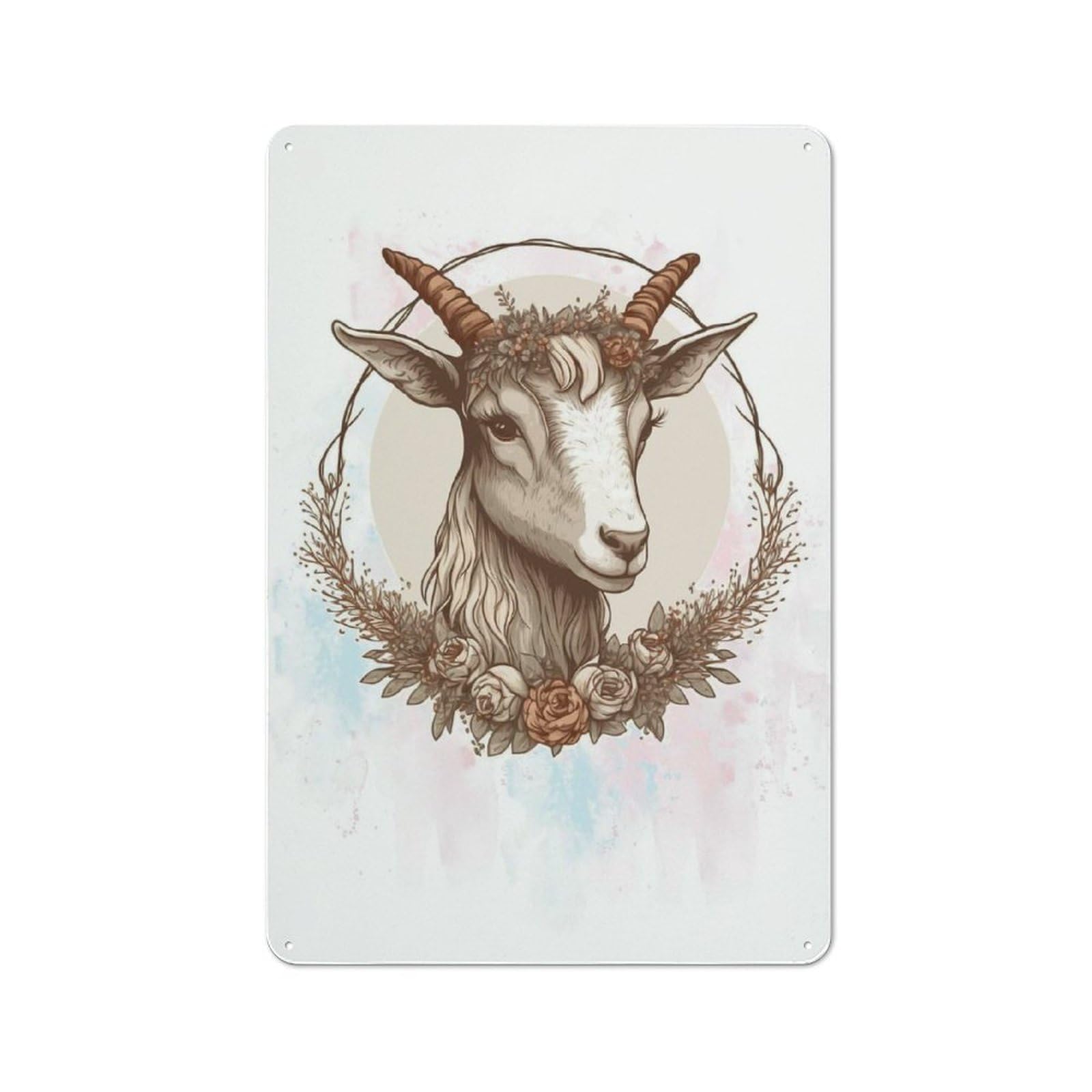 Junmoney Style-16 Character Decorative Tin Plaque 30X20cm Featuring Watercolor Goat Painting, Small Space Decor For Bedroom, Kitchen, Office Or Living Room