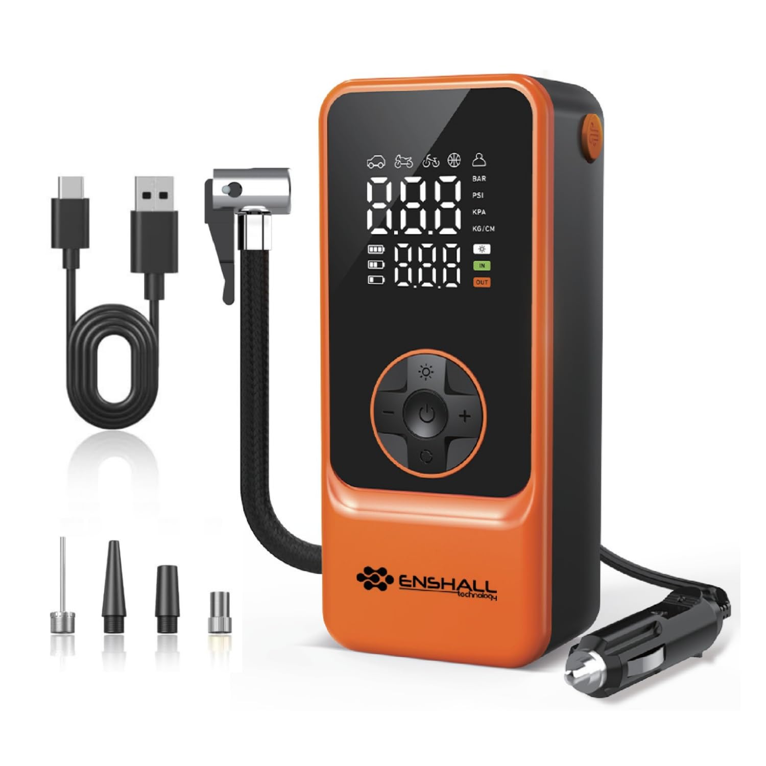 Enshall 6000mAh Şarjlı Mini Led Işıklı Araç Çakmaklık Kablolu Bisiklet, Top, Araç Lastik Şişirme Kompresörü