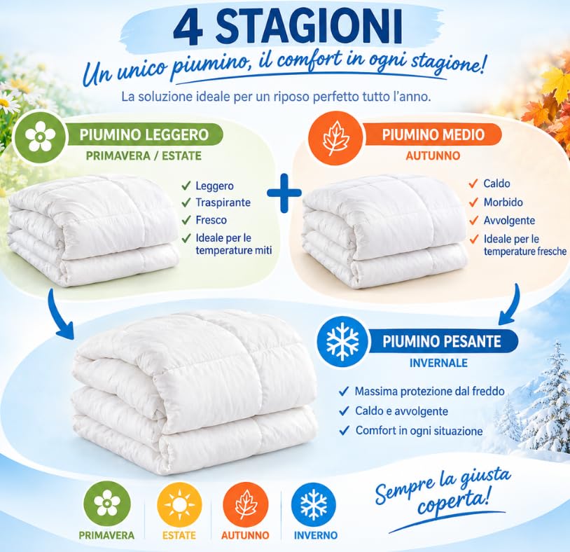 Tata Home Piumino 4 STAGIONI d'Oca Matrimoniale Dal Trentino Piumone Letto Caldo e Soffice Trapunta Annuale Imbottitura D'Oca Naturale Doppio Piumino Misura 250x200 cm Bianco