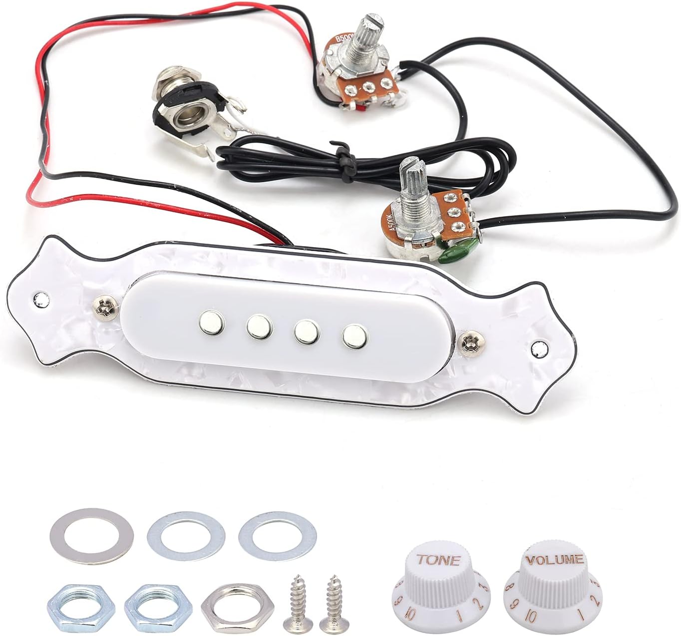 Prewired 4 String Guitar Single Coil Soundhole Pickup Wiring Harness for Cigar Box Guitar, with Volume Tone Pots and Knobs