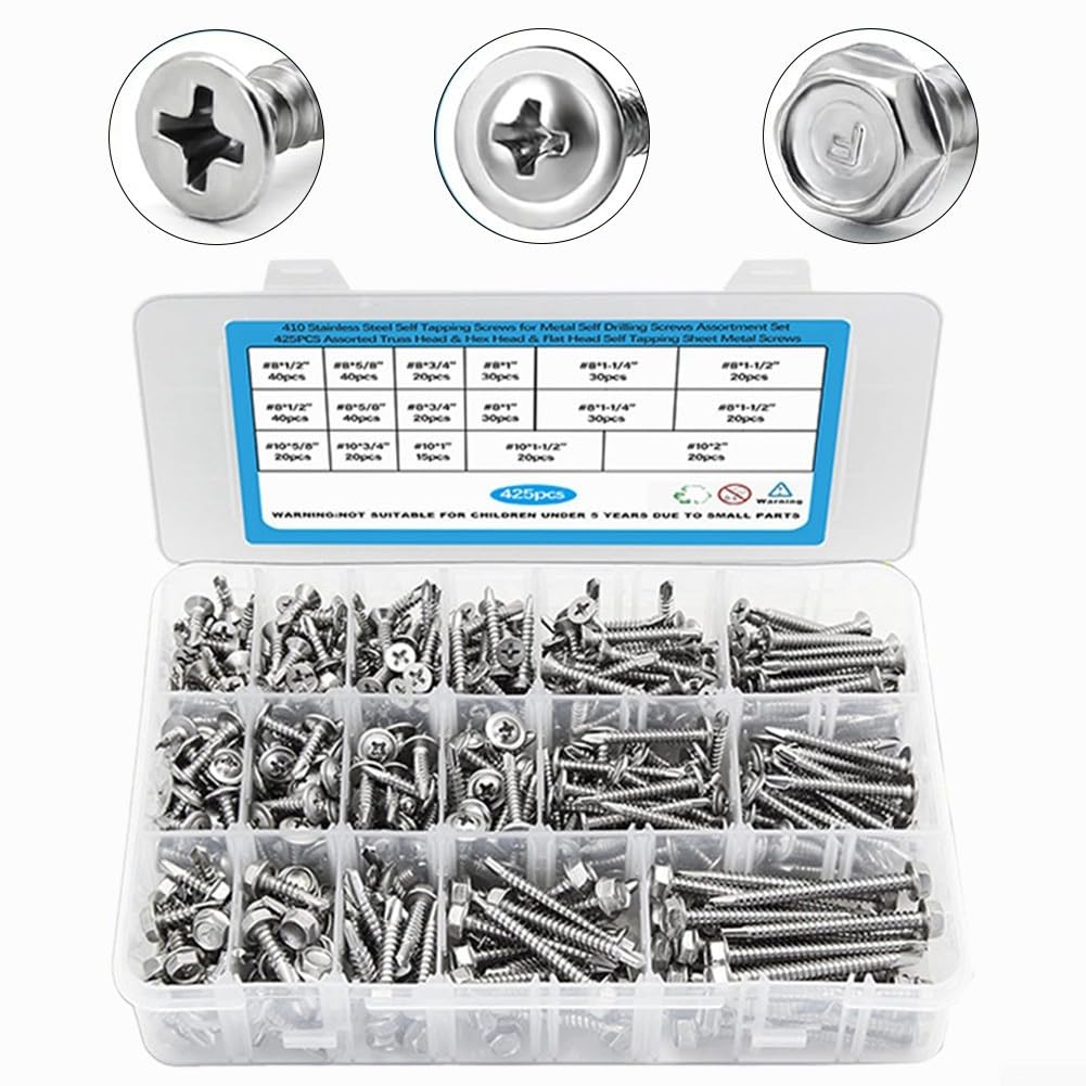 425PCS 410Stainless Steel Vite autoperforante, testa svasata Pan Head Hex Head Autofilettanti Auto-foratura Viti Set