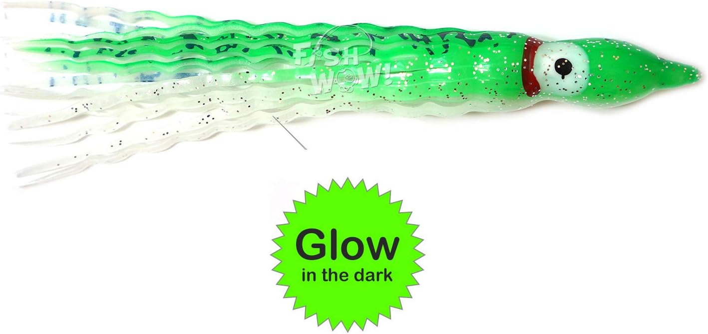 50pcs 5inch 13cm Squid Skirt Crinkle Wavy Hoochies Octopus Fishing Soft Salmon Lure - Glow Green Seaweed
