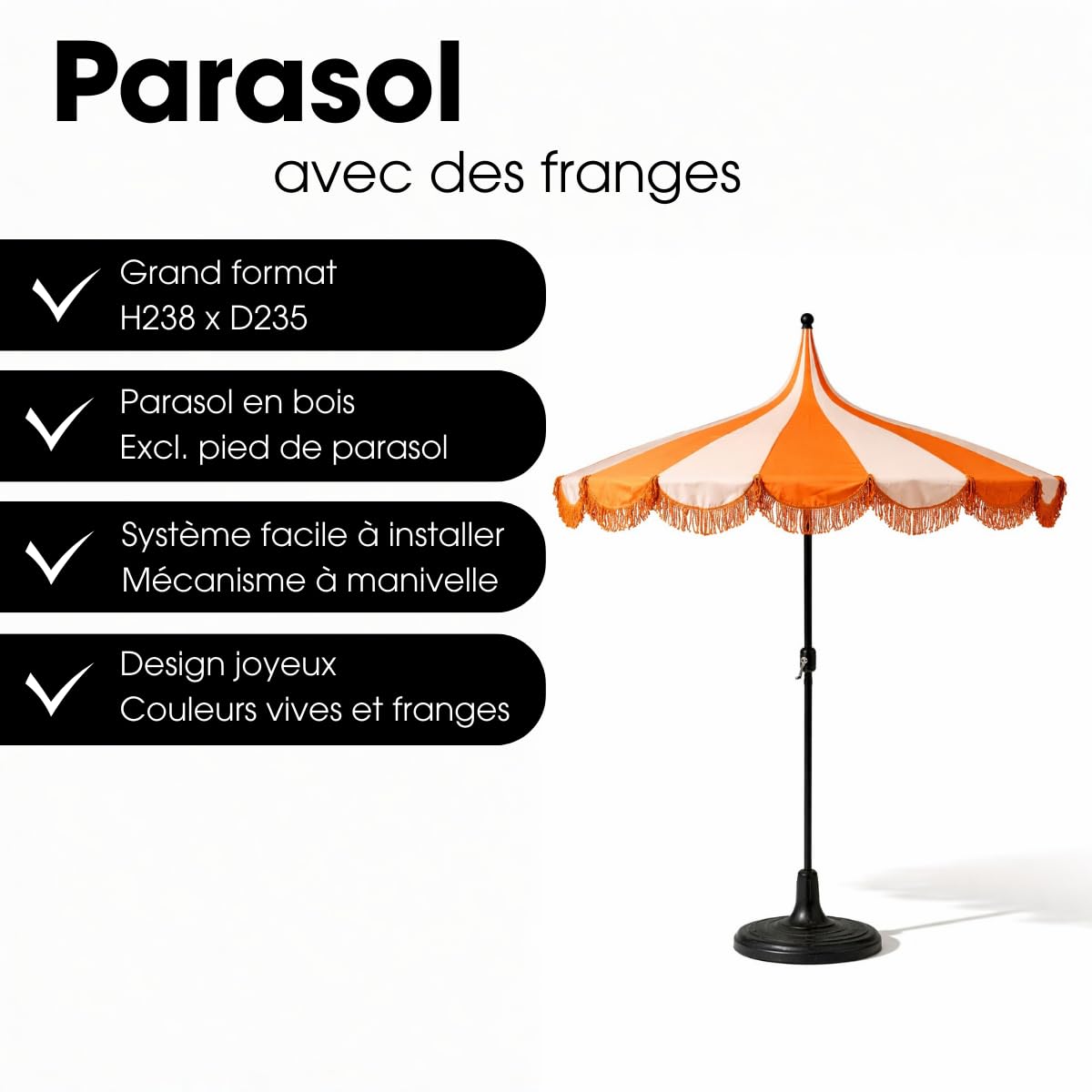 MICA Decorations Kim Parasol Rayé avec Sac de Transport - Protection Solaire 238 x Ø235 cm - Parasol Plage Jardin ou Balcon - Polyester, Acier