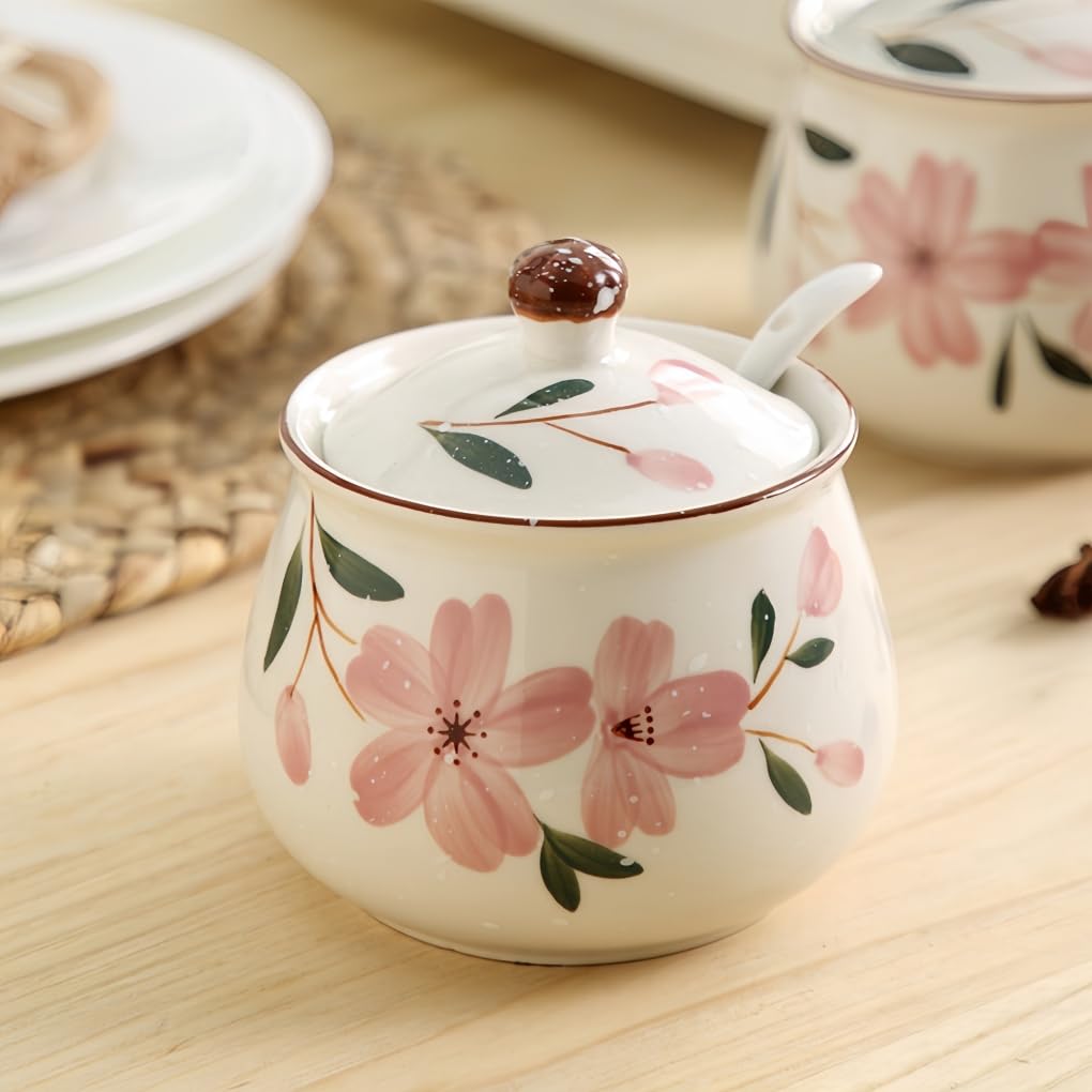 Ceramiczna cukiernica z pokrywką i łyżeczką, odporna na wysokie temperatury, puszka na przyprawy do cukru, soli, miodu, oleju, herbaty, kwiatów wiśni, japońska (4 sztuki)
