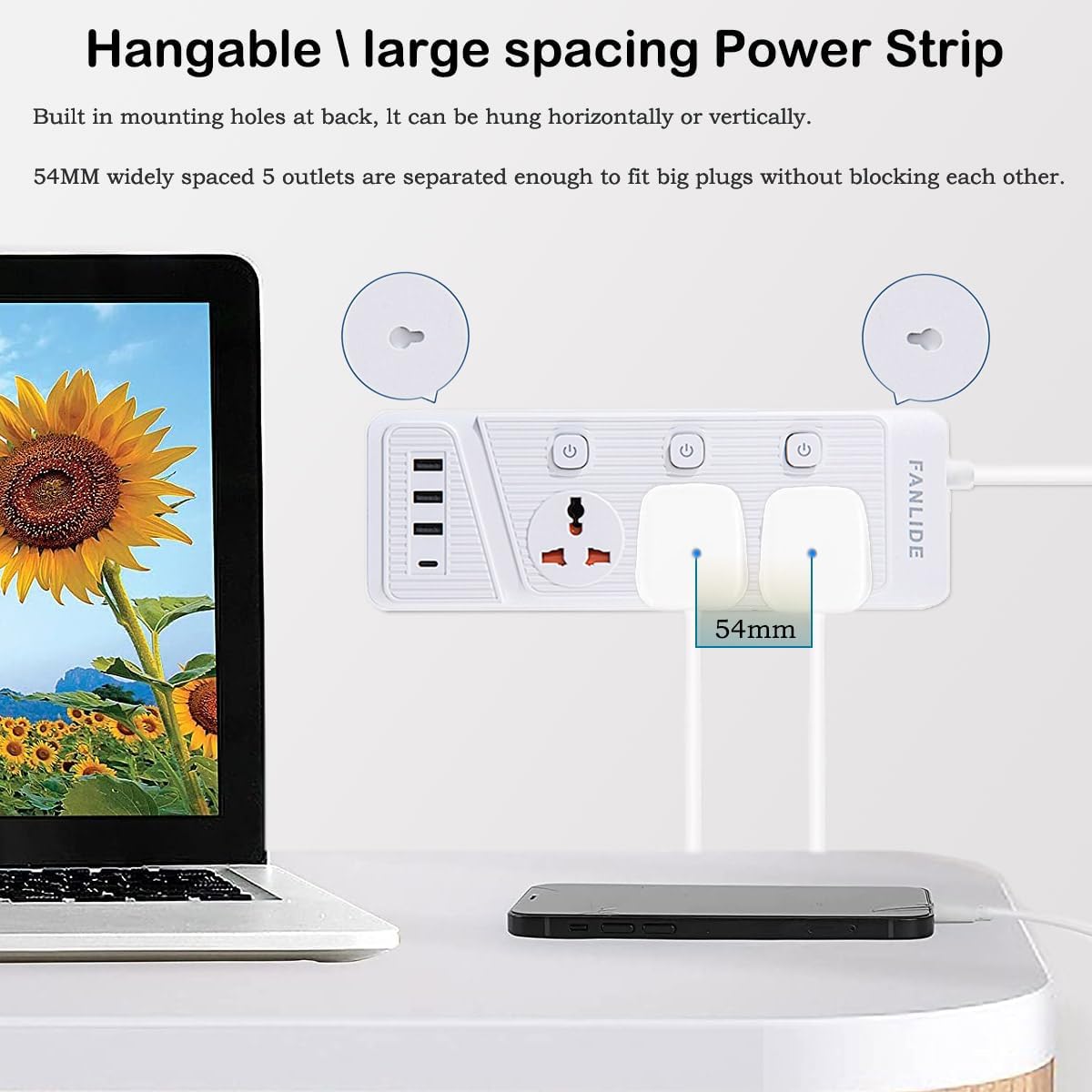 FANLIDE Universal Power Strip with USB C, 3 Outlets 3 USB and 1 USB C Ports, 6.5ft Power Cord, 2500W Circuit Breaker