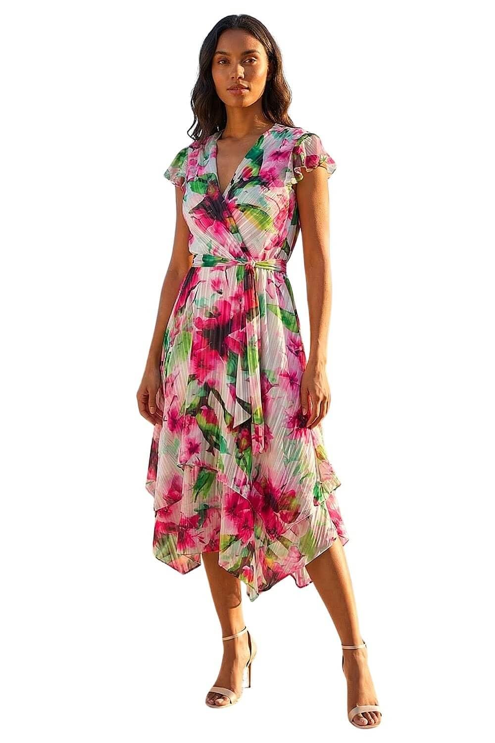 Roman - Women's Midi Dress - Floral Print - Ruffle Detail - Tie Waist - Pink - Size 10