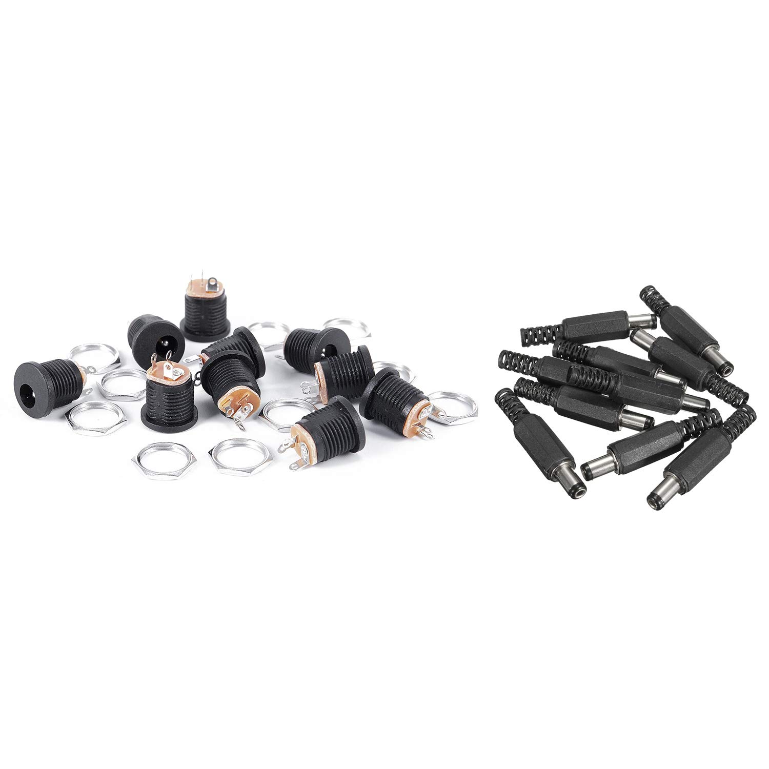 Bloepum 10Pcs 5.5X2.1mm Male Solder Dc Tip Plug Jack Straight Connectors for DC Power Supply LED Lights Switch Black & 10 Pcs 3-Terminal Soldering Female Power Jack DC Socket
