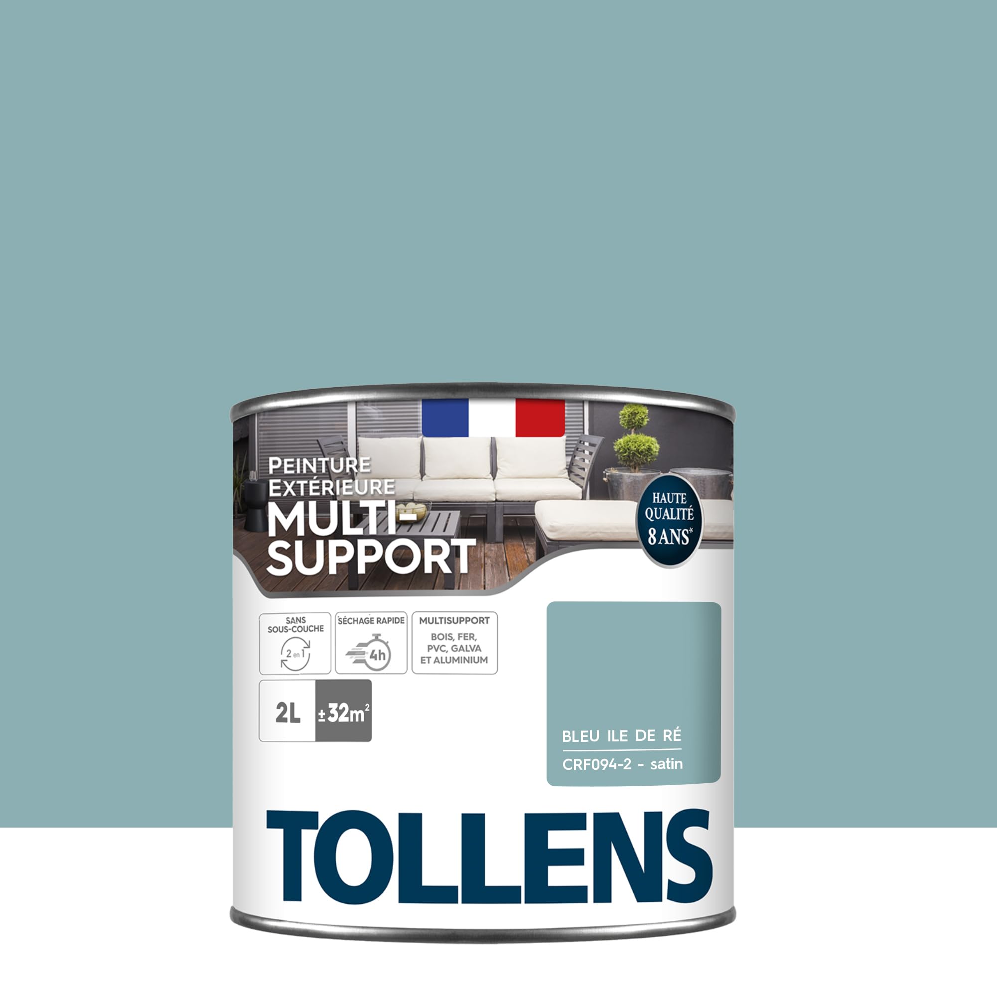 Tollens Peinture extérieure multisupport - Ultra résistante - Haute qualité - Satin - Bleu Ile de Ré - 2L = 28m2